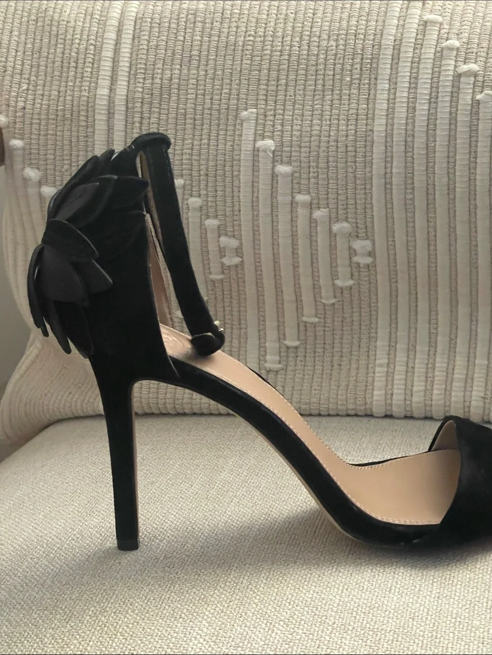 Tory Burch Suede Ankle-Strap Stiletto Heels with Floral Heel Accent
